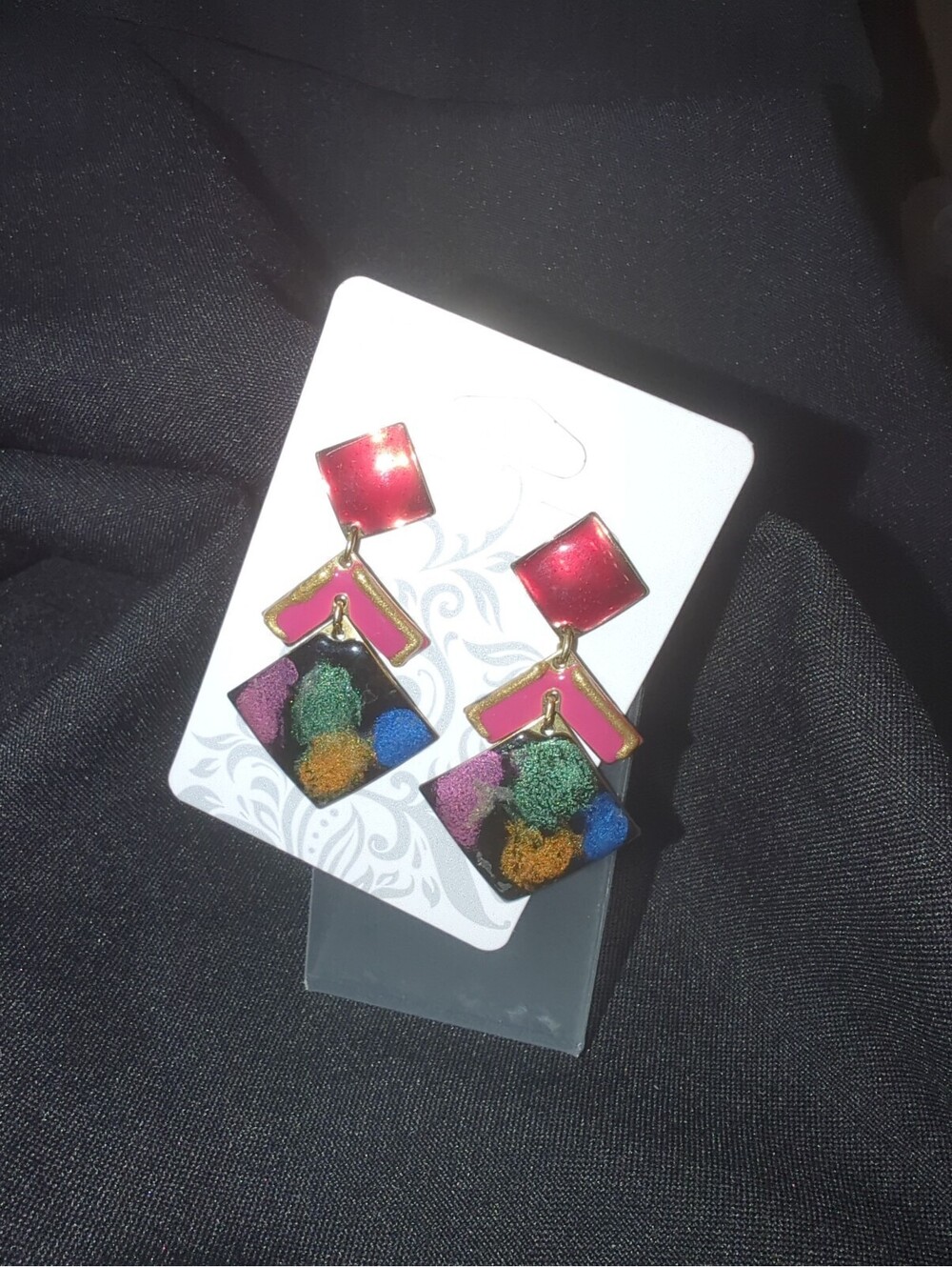 Colorful Geometric Dangle Earrings with Red, Gold, and Multicolor Pom-Pom Accent